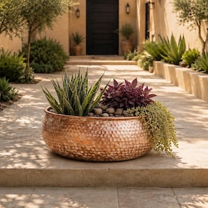 Peut inclure: Un grand bol de plantation en cuivre martelé, de forme ronde, est posé sur une allée en pierre. Le pot contient une plante succulente verte, une plante violette foncée, des petits cailloux gris et une plante retombante sur le bord.
