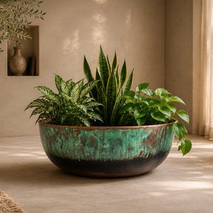 May include: A large, round, bowl-shaped planter featuring a weathered copper finish with vibrant teal and green oxidation patterns over a dark, blackened base. The planter contains a variety of green houseplants, including a tall snake plant.