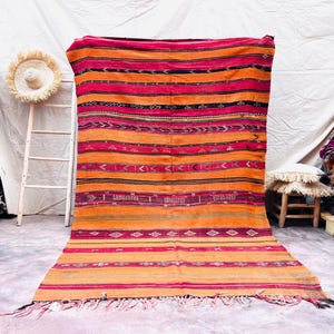 Traditional Haik Blanket in Orange, Vintage Moroccan Berber Throw, Soft Handwoven Textile