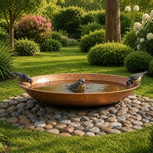 May include: A wide, shallow, hammered copper bird bath basin filled with water, resting on a circular bed of smooth, multi-coloured river stones. Three small birds with blue, yellow, and white plumage are perched on the rim and in the water.