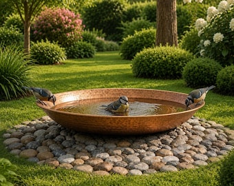 Baño para pájaros de cobre martillado en el jardín – Vista superior – Cuenco de agua exterior hecho a mano