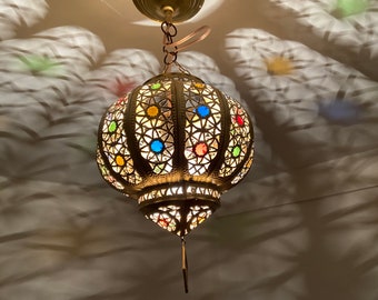 Small Moroccan Brass Chandelier: Colored Glass Hanging Lantern