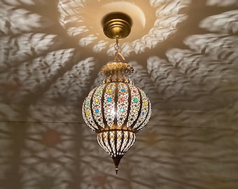 Handmade Moroccan Brass Chandelier with Colored Glass