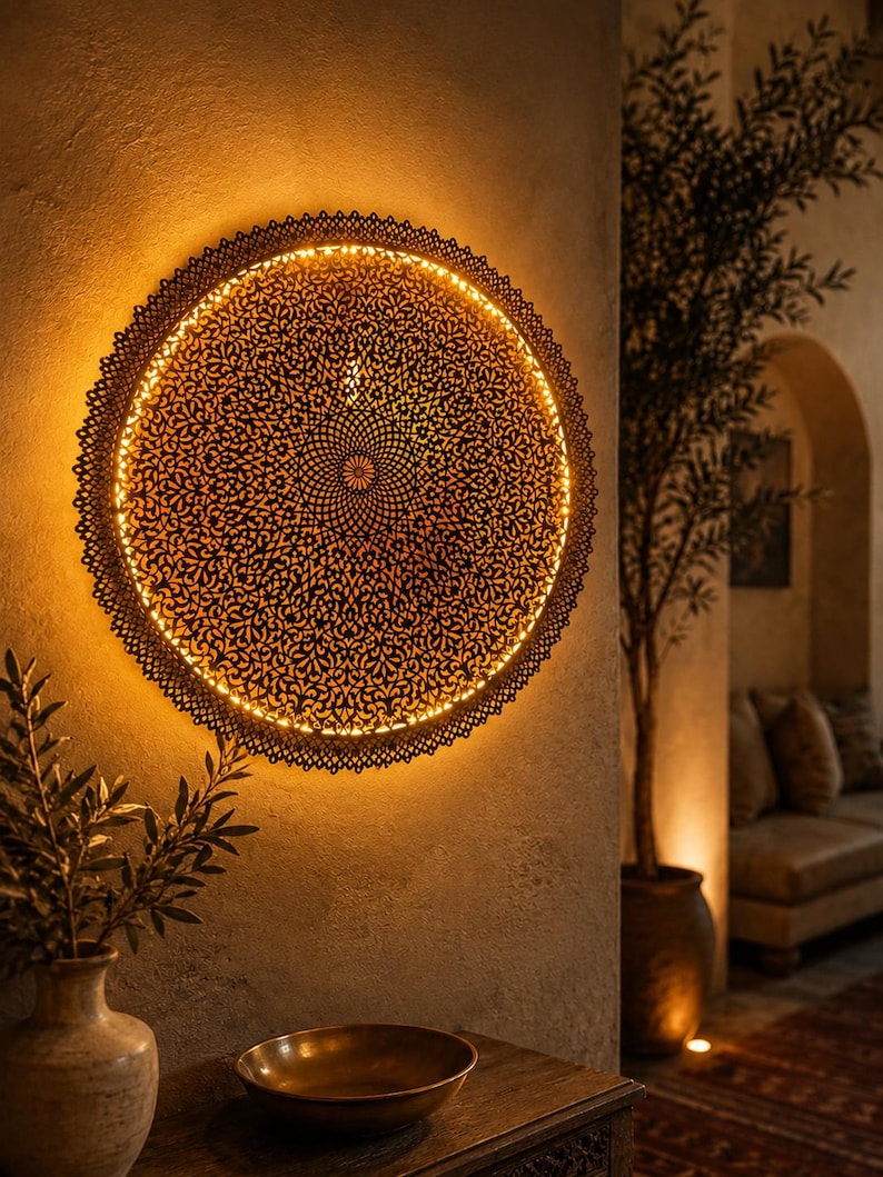 May include: A circular wall-mounted light fixture featuring an intricate, dark-colored metal cutout pattern with a fine, lace-like design. The fixture emits a warm, golden glow from behind its perimeter, casting light onto the wall surface.