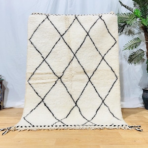 4 x 6 pi, tapis berbère marocain fait main à rayures, fait main, tapis bohème tissé blanc et noir personnalisé, design marocain authentique