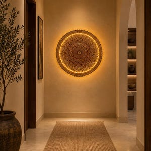 May include: A circular wall-mounted light fixture featuring an intricate, laser-cut dark brown metal pattern that emits a warm, golden glow from behind, creating a detailed silhouette effect against the wall in a hallway setting.