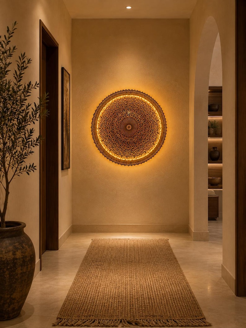 May include: A circular wall-mounted light fixture featuring an intricate, laser-cut dark brown metal pattern that emits a warm, golden glow from behind, creating a detailed silhouette effect against the wall in a hallway setting.
