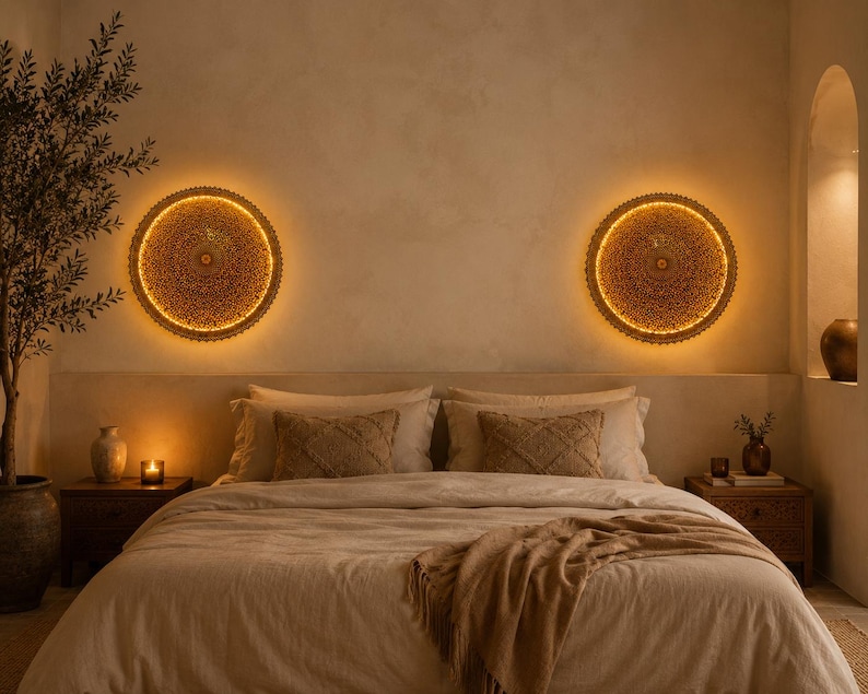May include: Two circular wall-mounted light fixtures with intricate perforated patterns emit a warm, golden glow. The lights are positioned above a bed featuring a neutral-toned duvet, two matching pillows, and a draped throw blanket.
