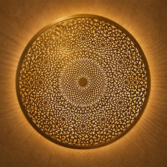 Moroccan Brass Wall Lamp | Handmade Round Wall Sconce | Islamic Pattern Lighting