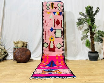 3x12 ft luxury Beni Ourain Runner Rug, Pink Moroccan Berber Hallway Runner, Handmade Soft Wool Carpet, Authentic Moroccan Design