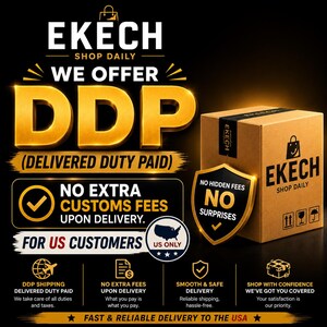 May include: A promotional image for EKECH, featuring a gold and black design. The text highlights "DDP" (Delivered Duty Paid) and "No Extra Customs Fees." A cardboard box and a shield with the words "No Surprises" are also visible.