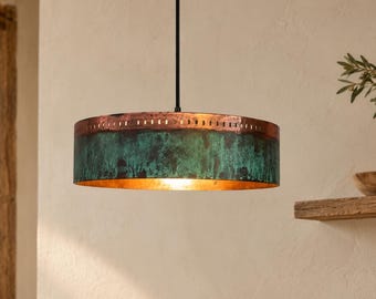 Pendelleuchte aus patiniertem Kupfer, Deckenleuchte mit Grünspan-Effekt, rustikal-moderne Küchenbeleuchtung