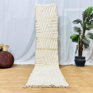 3 x 12 pi tapis de passage Beni Ourain blanc tufté, tapis marocain 100 % laine noué à la main, design classique, authentique tapis marocain capitonné