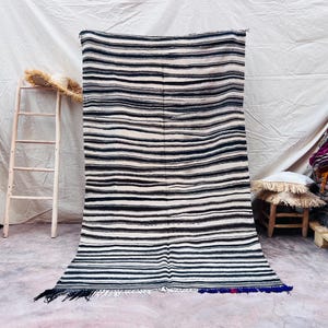 White Moroccan Haik Blanket with Black Stripes, Vintage Berber Throw, Handmade Lightweight Textile