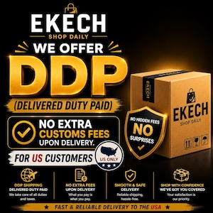 May include: A brown cardboard shipping box with the EKECH SHOP DAILY logo, featuring text about DDP Delivered Duty Paid, no extra customs fees for US customers, and no hidden fees, presented with gold accents and icons on a dark background.