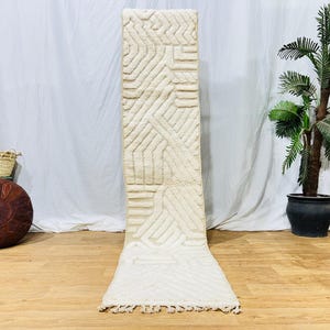 2 x 10 pi blanc Beni Ourain tapis, authentique tapis berbère marocain en laine, tapis de passage en laine blanche fait main, design élégant de tapis marocain