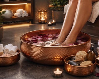 Lavabo de cobre martillado para pedicura / Cuenco marroquí hecho a mano con pétalos de rosa