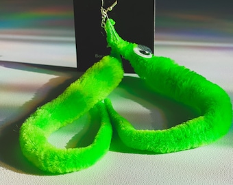 Green Fuzzy Worm Earrings: Kawaii Kidcore Jewelry