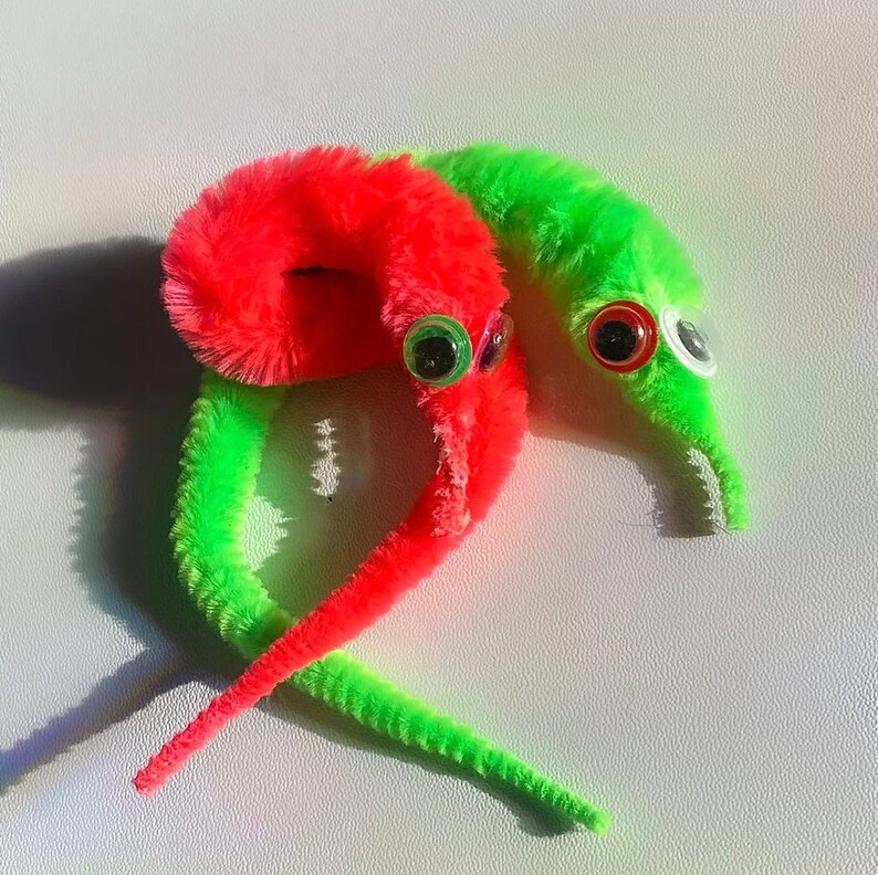 May include: Two fuzzy worm toys, one red and one green, with googly eyes. The worms are curled up together.