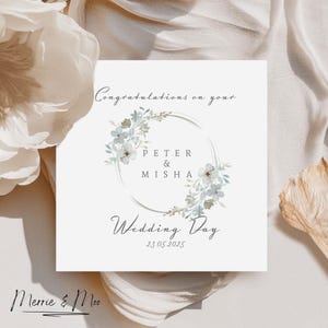 Felicitaciones por el día de su boda, tarjeta de felicitación cuadrada personalizada para la pareja de recién comprometidos en el día de su boda.