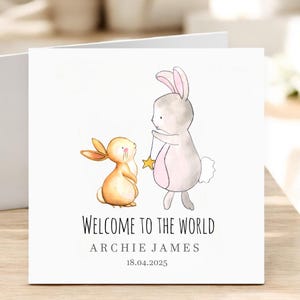 Tarjeta de Bebé Personalizada / Bebé Recién Nacido / Tarjeta de Bebé Recién Nacido / Tarjeta Hecha a Mano / Diseño de Conejito Lindo / Anuncio de Nacimiento / Bienvenido al Mundo / Nombre