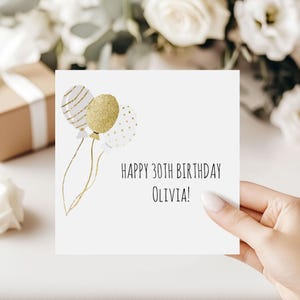 Feliz día del 30 cumpleaños Diseño simple y hermoso con globos Tarjeta de cumpleaños femenina Diseño de globo, Nombre personalizado y mensaje edad personalizada