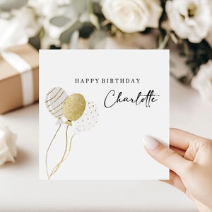 Feliz día de cumpleaños, diseño simple y hermoso con globos, tarjeta de cumpleaños femenina, diseño de globo, nombre personalizado y mensaje