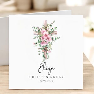 Carte de baptême bébé fille personnalisée avec nom et date motif floral aquarelle personnalisé
