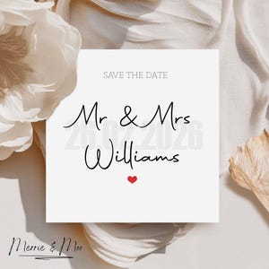 Tarjetas de felicitación cuadradas para guardar la fecha del día de la boda, personalizadas para la pareja de recién comprometidos en el día de su boda.