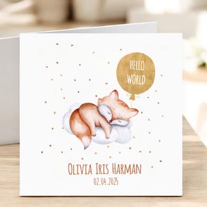 Tarjeta de Bebé Personalizada / Nuevo Bebé / Tarjeta de Bebé / Tarjeta Hecha a Mano / Diseño de Zorro Lindo / Anuncio de Nacimiento / Bienvenido al Mundo / Nombre