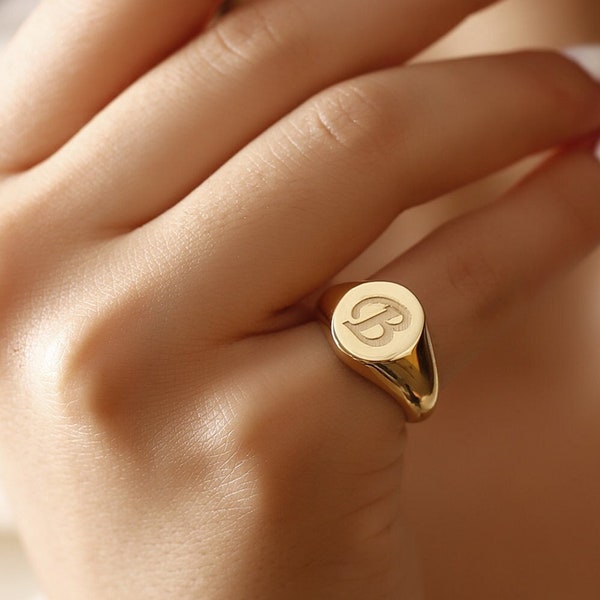 14k Solid Gold Signet Ring - Initial Signet Ring - Tiny Engraved Ring - Personalized Initial Ring - Mother's Day Gift - Gifts for Her