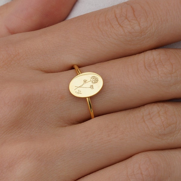 14k Solid Gold Birthflower Ring - Minimalist Birthfower Ring with Initials - Dainty Birthflower Jewelry - Gifts For Her - Mother's Day Gift