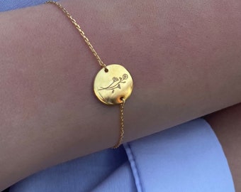 14k Solid Gold Birth Flower Bracelet -Flower Bracelet -Disc Bracelet -Birth Month Minimalist Bracelet -Mom Gift -Mother's Day -Gifts for Her