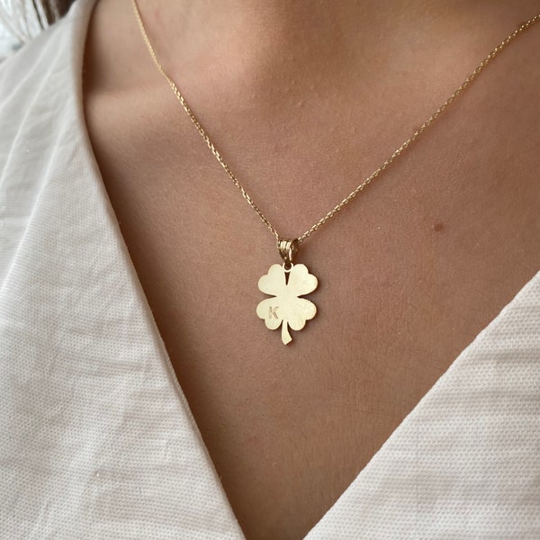 14k Solid Gold Clover Necklace - Dainty Four Leaf Clover Necklace -  Tiny Clover Necklace with Initials - Gift For Her - Christmas Gift