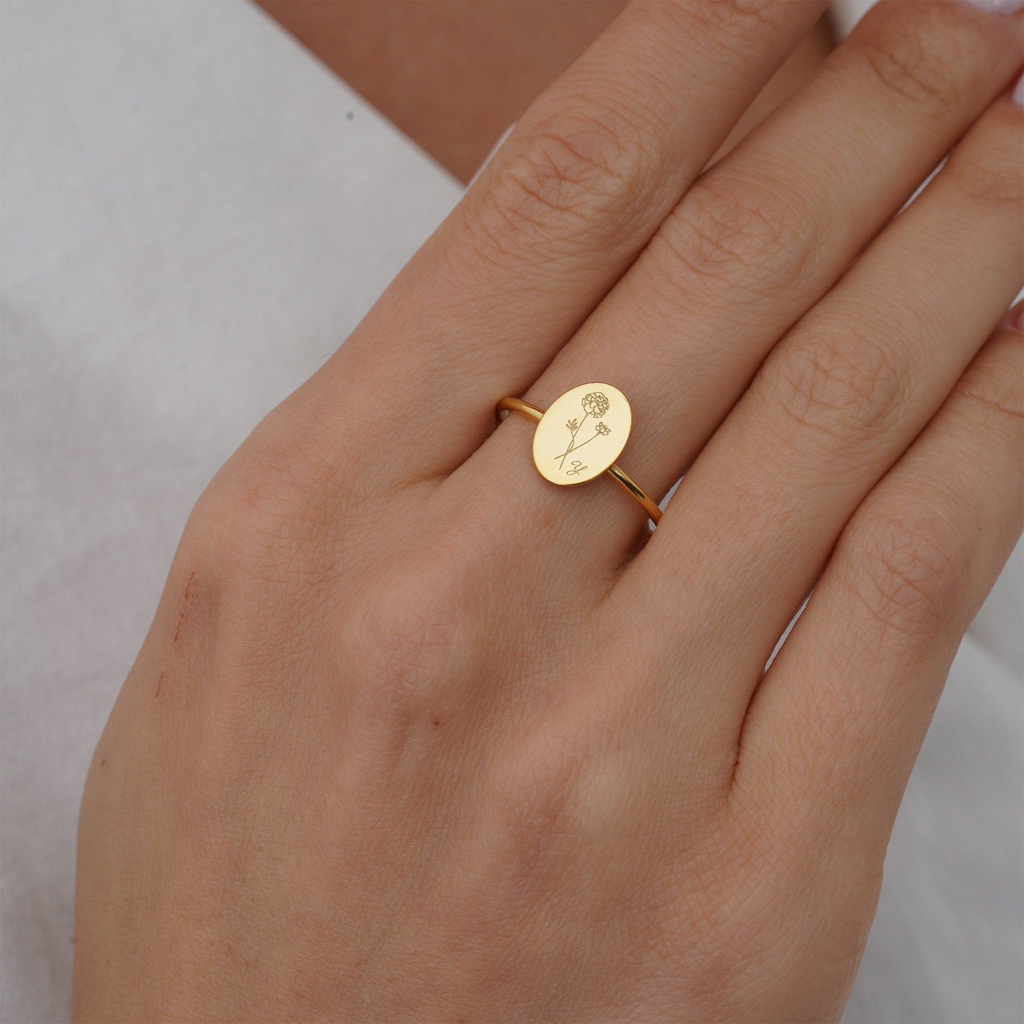 Birth Flower Ring Dainty Birth Flower Ring With Initials