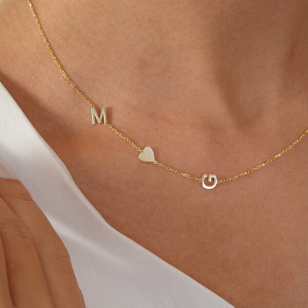 Sideway Initial Necklace with Heart - 14k Solid Gold Sideway Necklace - Heart Necklace - Gift For Mom - Couple Necklace - Letter Necklace