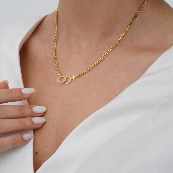 14k Solid Gold Lesbian Necklace - Double Venus Necklace - Lesbian Pride Jewelry - Lesbian Girlfriend - Couples LGBT Necklace - Gifts For Her