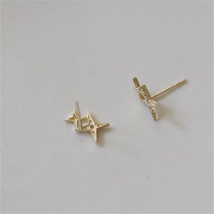 Double Golden Stars Stud Earrings, Gold Star Earrings, Dainty Gold Earrings, Gifts for her image 7