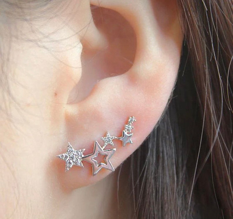 Ear Climber Earrings. Multi Stars Earrings. Star Ear Jacket. Stars Tassel CZ Earrings. image 4