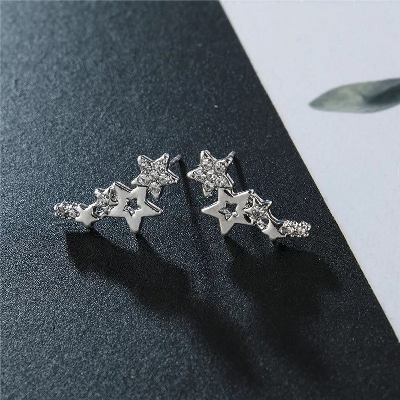 Ear Climber Earrings. Multi Stars Earrings. Star Ear Jacket. Stars Tassel CZ Earrings. image 3