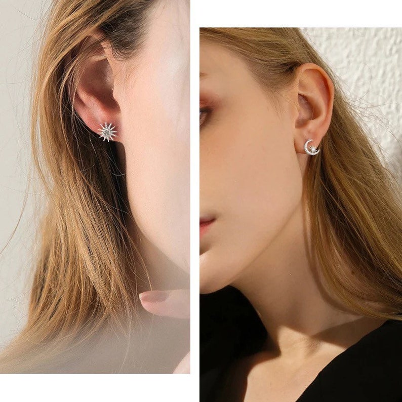 Golden Sun Earrings. Gold Moon Stud Earrings, Crescent Stud in Silver. Sunshine Silver Earrings, Gifts for her. Celestial earrings. image 10
