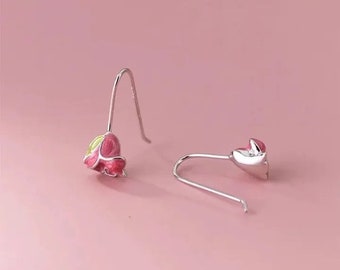 Tulip Stud Earrings. Pink Rose Stud. 925 Sterling Silver Earrings. Romantic Oil dripping Rose Stud Earrings. Pink Flowers Earrings.