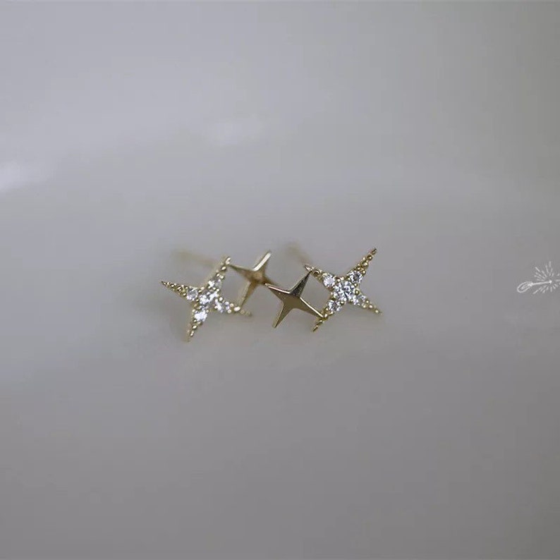 Double Golden Stars Stud Earrings, Gold Star Earrings, Dainty Gold Earrings, Gifts for her image 4