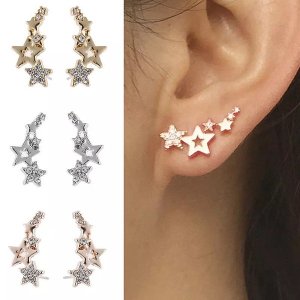 Boucles d'oreilles grimpeur d'oreilles. Boucles d'oreilles multi-étoiles. Veste avec oreilles d'étoile. Boucles d'oreilles CZ à pampilles et étoiles.