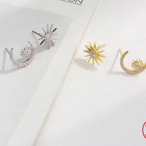 Golden Sun Earrings. Gold Moon Stud Earrings, Crescent Stud in Silver. Sunshine Silver Earrings, Gifts for her. Celestial earrings. image 2