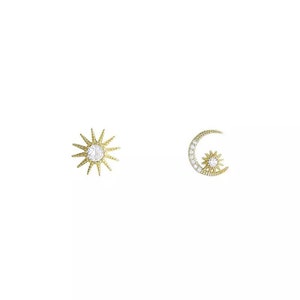Golden Sun Earrings. Gold Moon Stud Earrings, Crescent Stud in Silver. Sunshine Silver Earrings, Gifts for her. Celestial earrings. image 8
