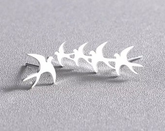 Swallow Earrings, 925 Sterling Silver. Solo Bird Earrings, flock Of Birds Ear Climbers, Asymmetry Animal Earrings, Crawler Stud. Gifts (B181