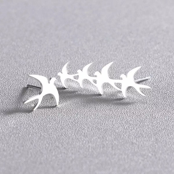 Swallow Earrings, 925 Sterling Silver. Solo Bird Earrings, flock Of Birds Ear Climbers, Asymmetry Animal Earrings, Crawler Stud. Gifts (B181