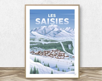 Affiche Les Saisies - Beaufortain // Poster Vintage - Tableau Décoration - Illustration