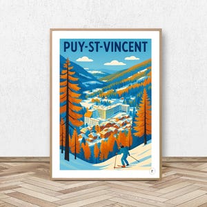 Puy Saint Vincent Poster - Hautes-Alpes // Vintage Ski Illustration - Mountain Decoration - Travel Poster - Alpine Poster